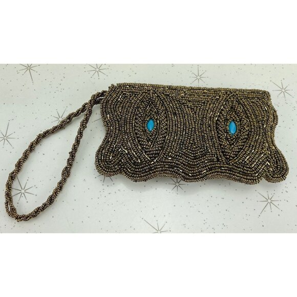 Vintage 50s bronze beaded wristlet, small clutch purse, with turquoise inserts - Picture 4 of 9
